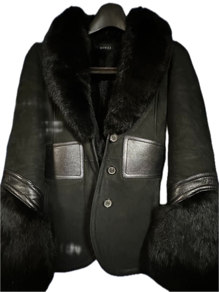 【極希少・最高級】GUCCI：by トムフォード期・ムートンジャケット・黒・40・S・羊革・リアルファー 入手困難製品／破格の10万円スタート