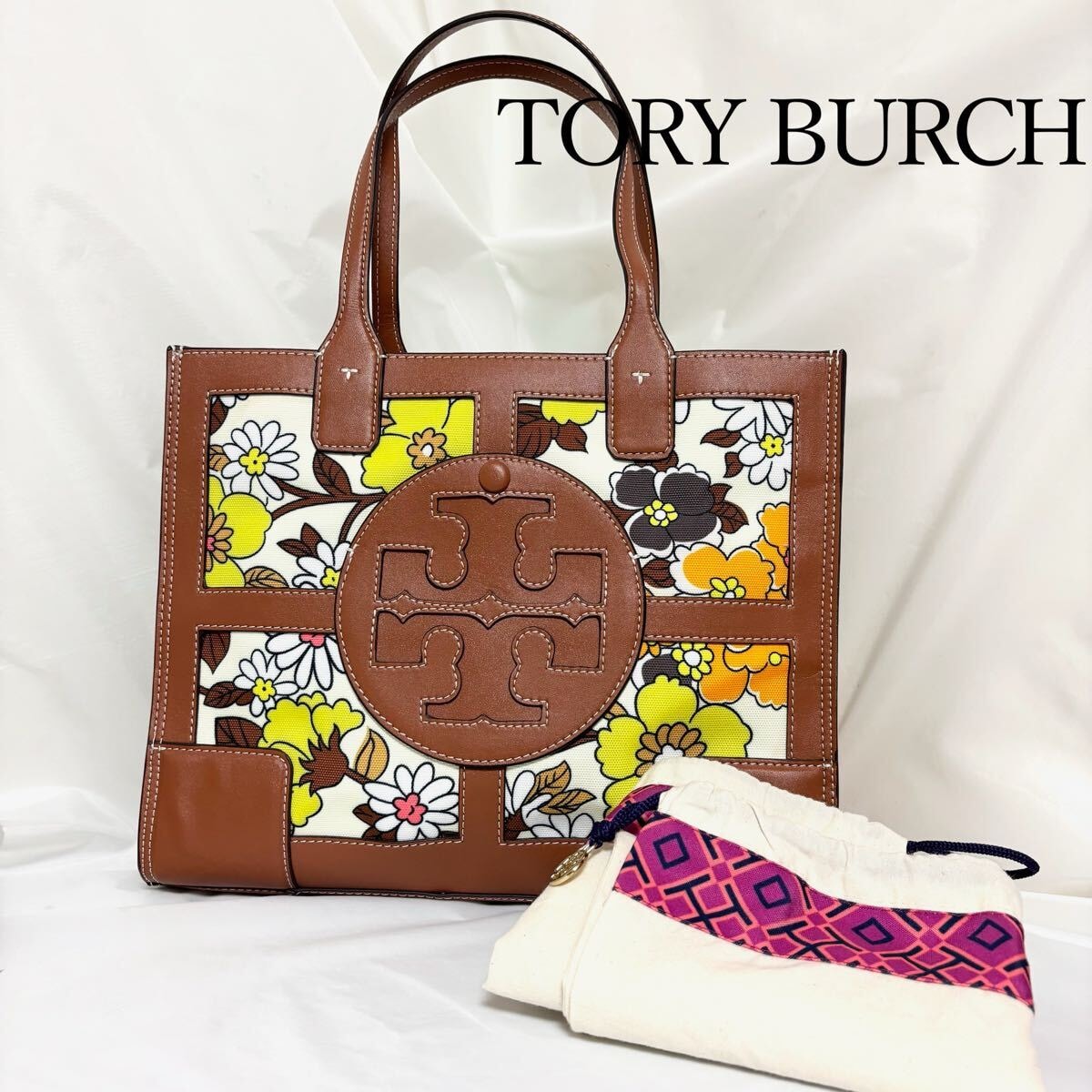 美品 ToryBurch トリーバーチ トートバッグ ハンドバッグ キャンバス レザー 肩掛け ブラウン オフィス ビジネス 希少 花柄 レア