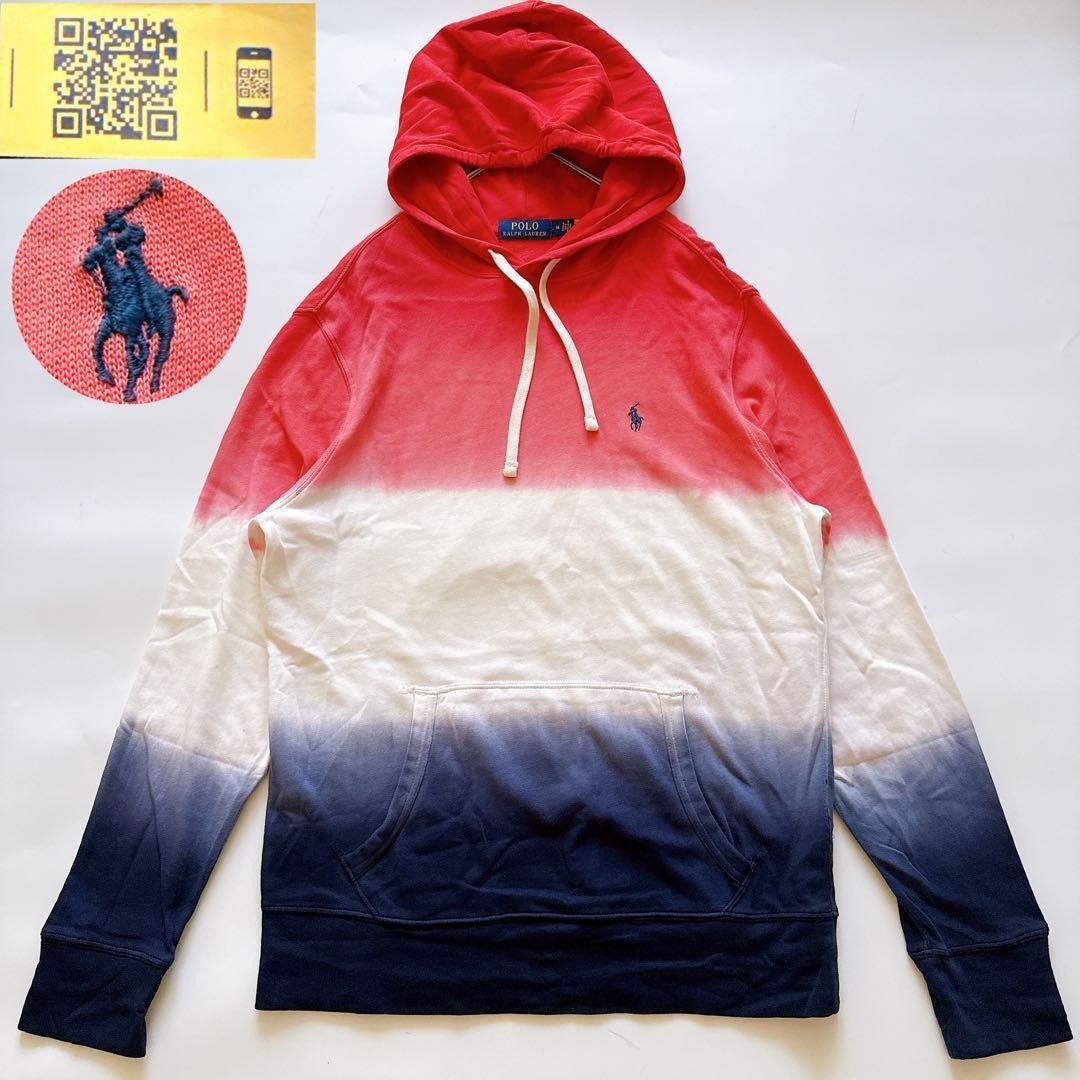現行QR POLO RALPH LAUREN ポロ ラルフローレン グラデーション プルオーバーパーカー フード 薄手 ポニー刺繍 M インディゴ染 タイダイ