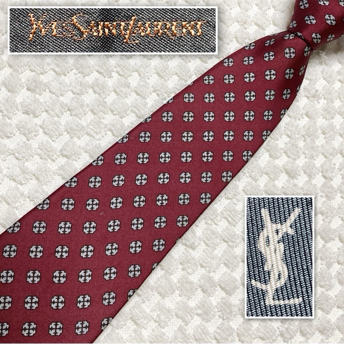 ■美品■Yves saint Laurent イヴサンローラン　ネクタイ　小紋柄　総柄　シルク100% 日本製　ボルドー　ビジネス