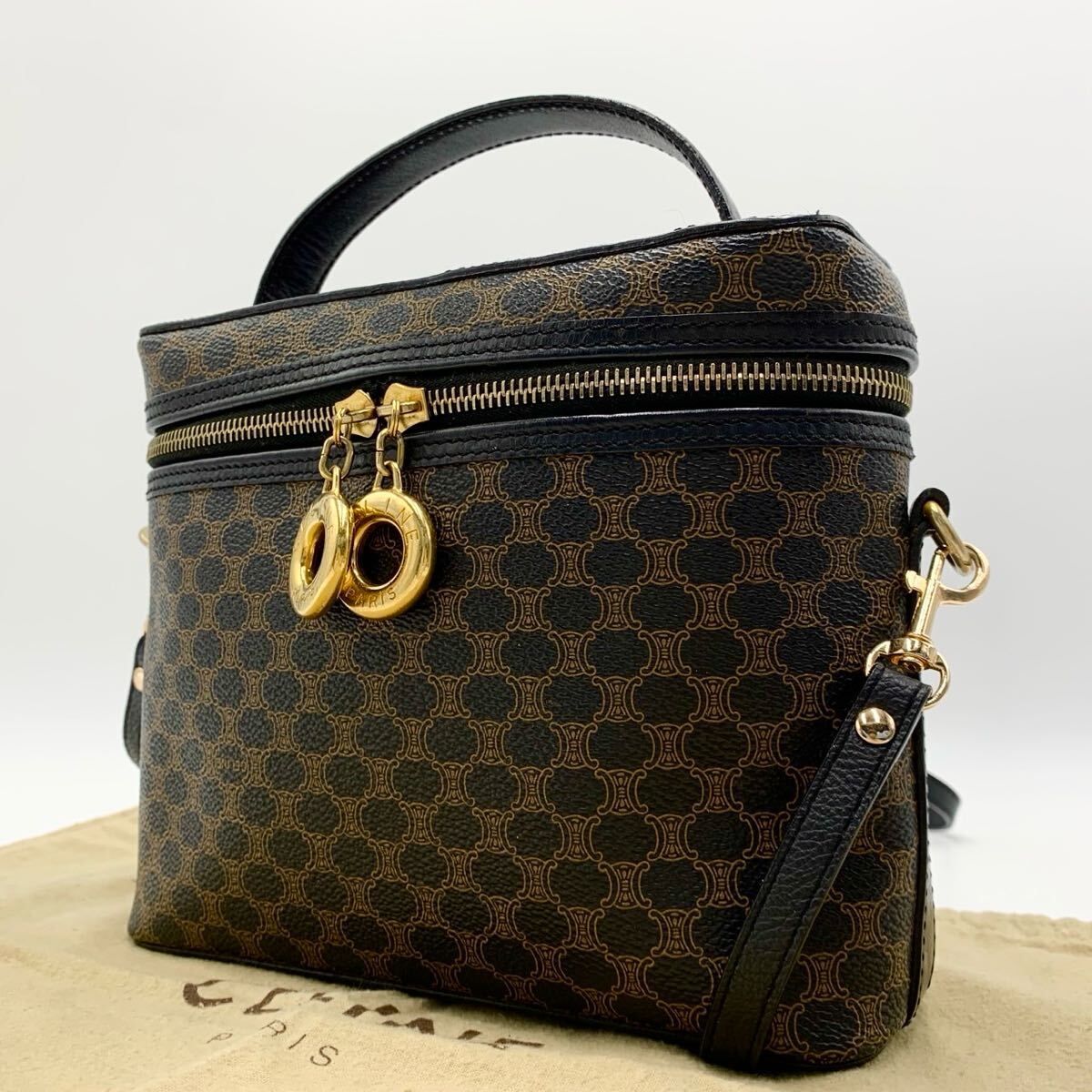 CELINE セリーヌ 2way バニティ ハンドバッグ ブラックマカダム サークル金具 斜め掛けショルダー
