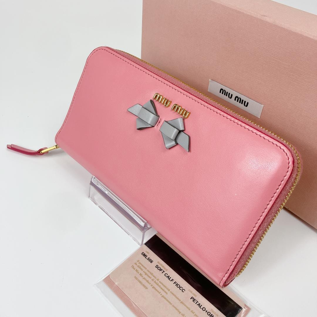 ミュウミュウ miu miu 5ML506 リボン ラウンドファスナー 長財布 レザー ピンク 箱付き
