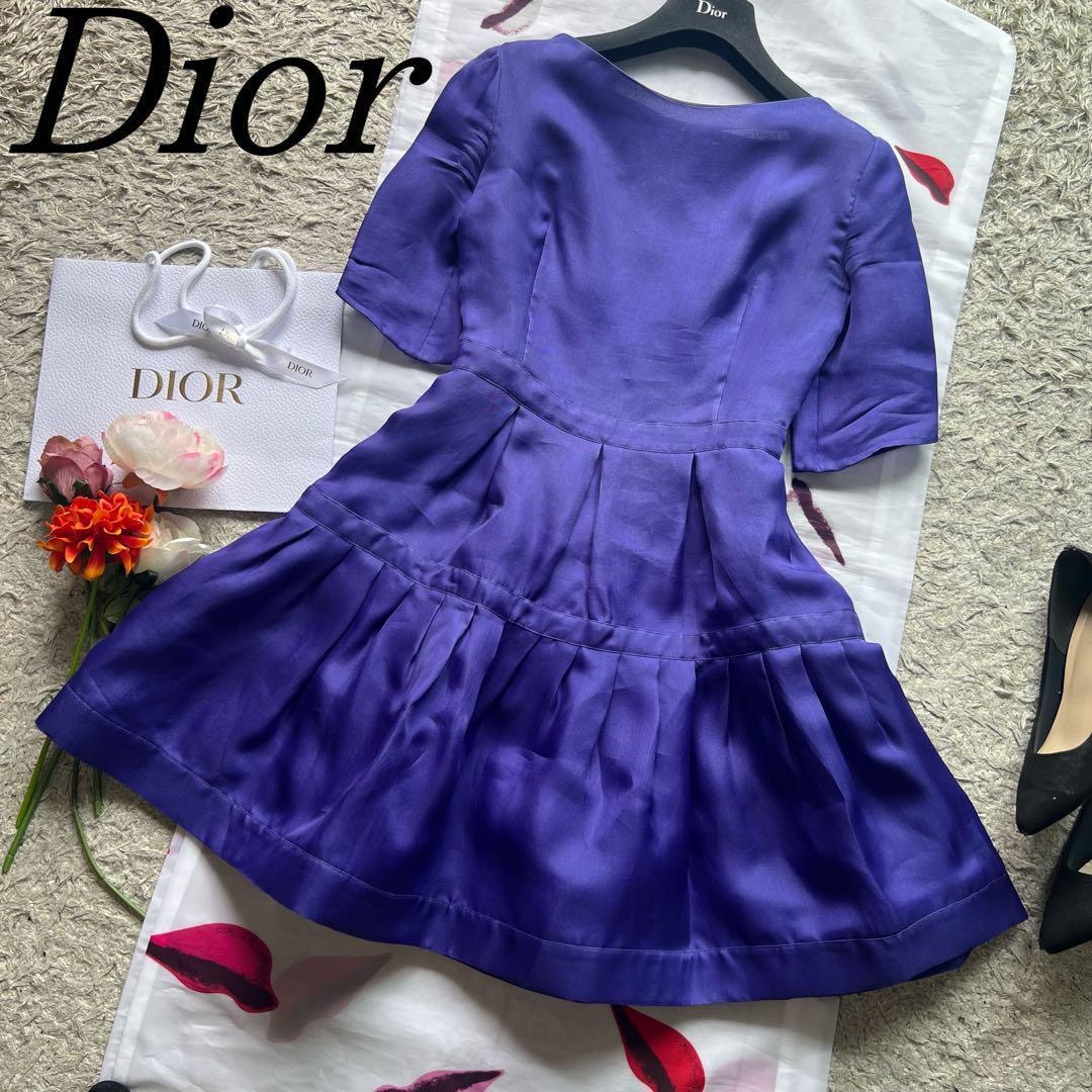 【良品】Christian Dior フレアワンピース パープル 半袖 膝丈 クリスチャンディオール 紫 ハーフスリーブ
