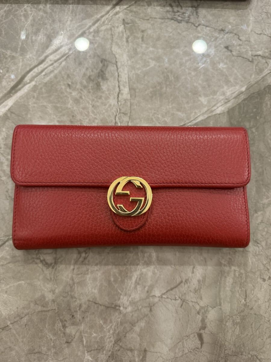 極美品！即発送！GUCCIインターロッキング長財布 ★赤★ グッチ 長財布 レザー インターロッキングGG