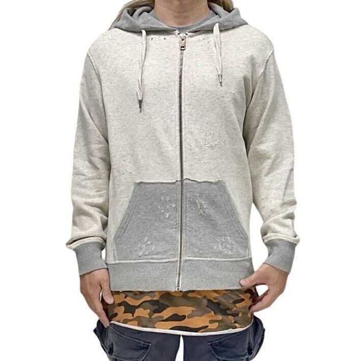 中古 DIESEL ディーゼル グレー ツートーン 切り替え ダメージ リペア ビンテージ加工 無地 ジップアップ パーカー ニコラフォルミケッティ