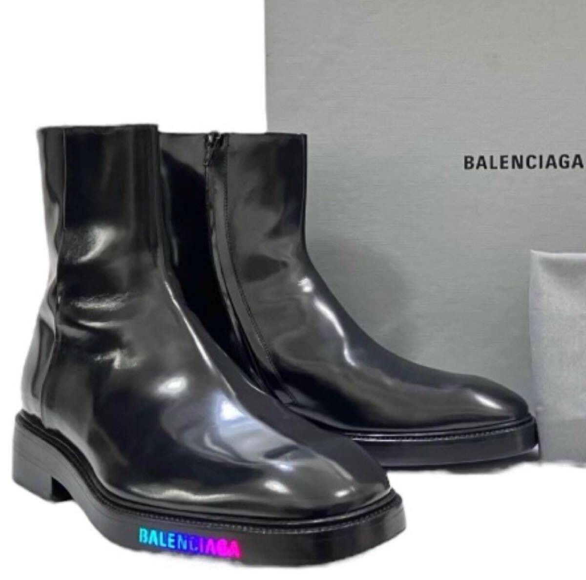 【廃盤】美品【BALENCIAGA】レザーチェルシーブーツ 右ソールロゴライト メンズ