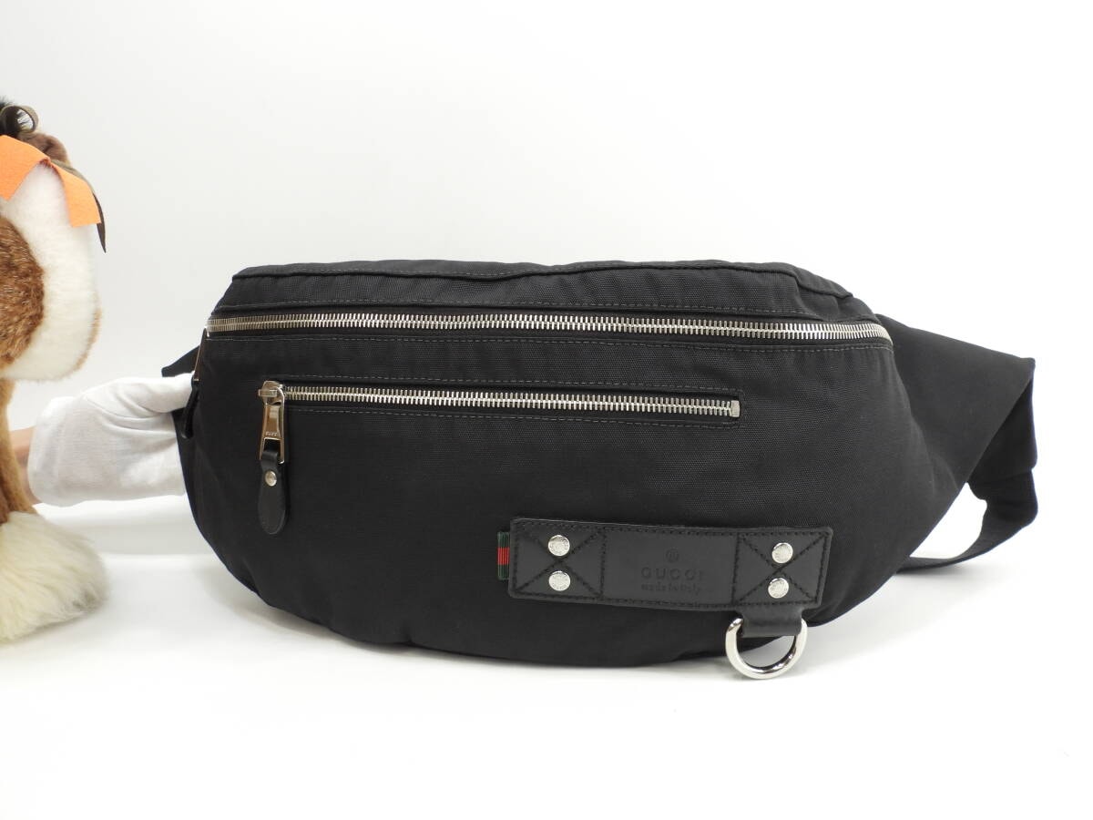 グッチ ボディバッグ大 ウェブ ナイロン黒 クロスボディバッグ 斜掛ショルダー 美品@ 18