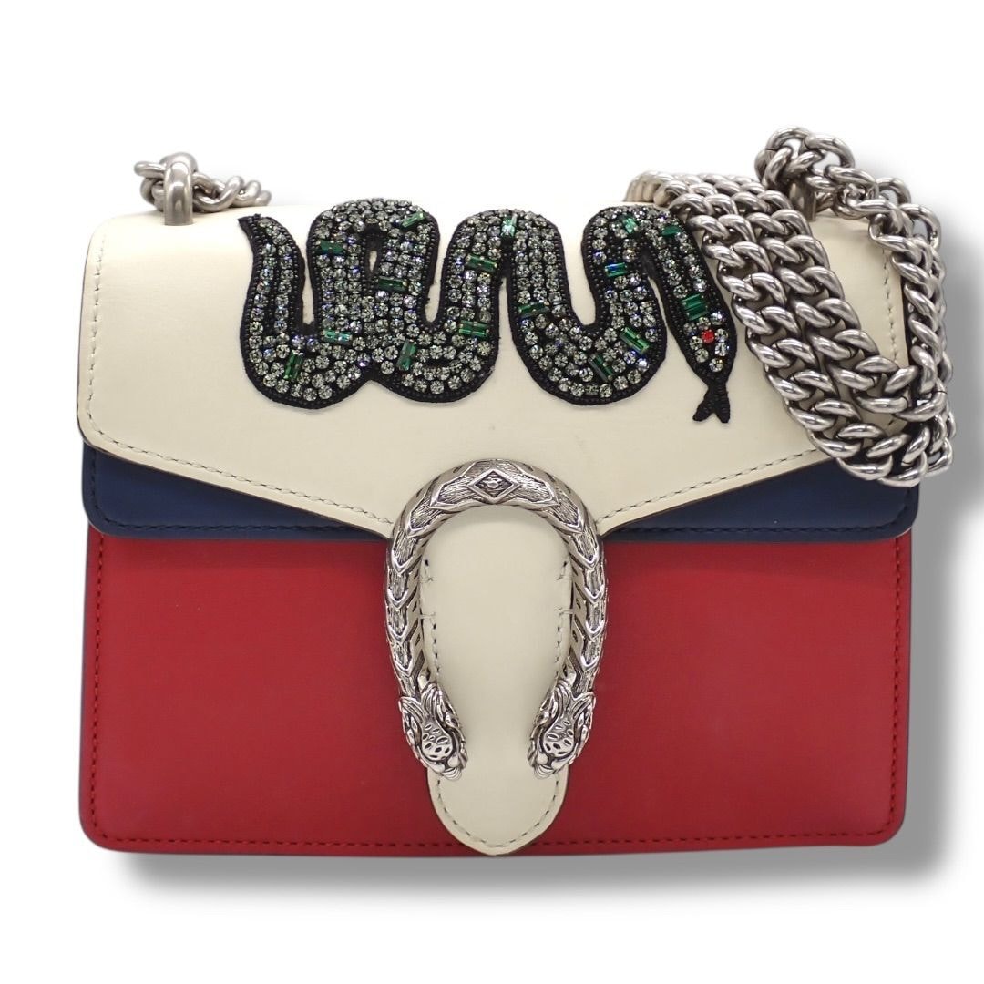 グッチ GUCCI ディオニュソス トリコロール 421970 ショルダーバッグ チェーンショルダー 蛇 ラインストーン ホワイト レザー 4541