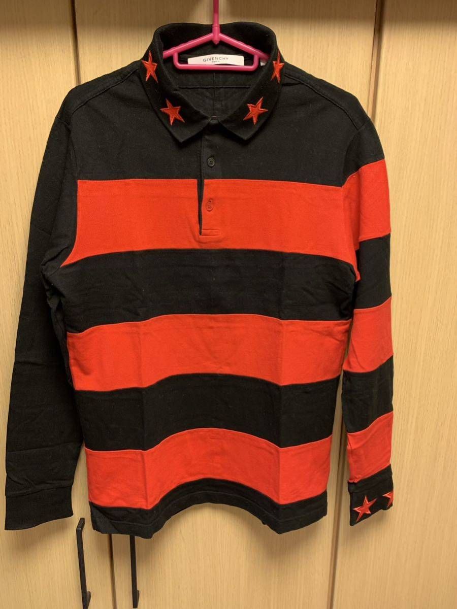 正規 15SS GIVENCHY ジバンシー ジバンシィ 星 スター 刺繍 L/S ロングスリーブ 長袖 鹿の子 ポロシャツ ボーダー 赤黒 S 15S 7112 705
