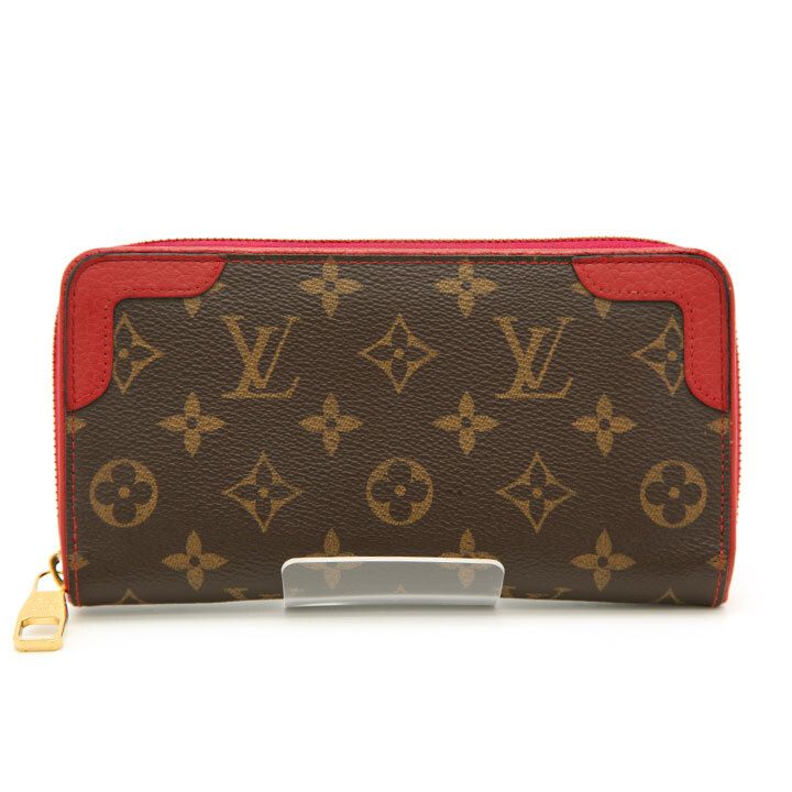 中古良品 ルイヴィトン 長財布 モノグラム ジッピー・ウォレット レティーロ M61854 スリーズ レッド LOUIS VUITTON フランス製 赤