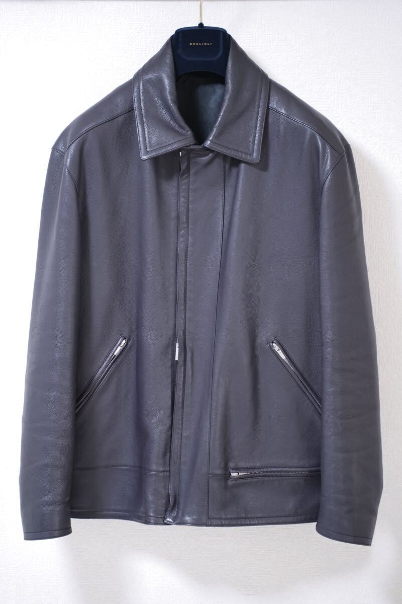 HERMES エルメス レザーブルゾン 52 カーフ ジャケット グレー ライダース ジャケット