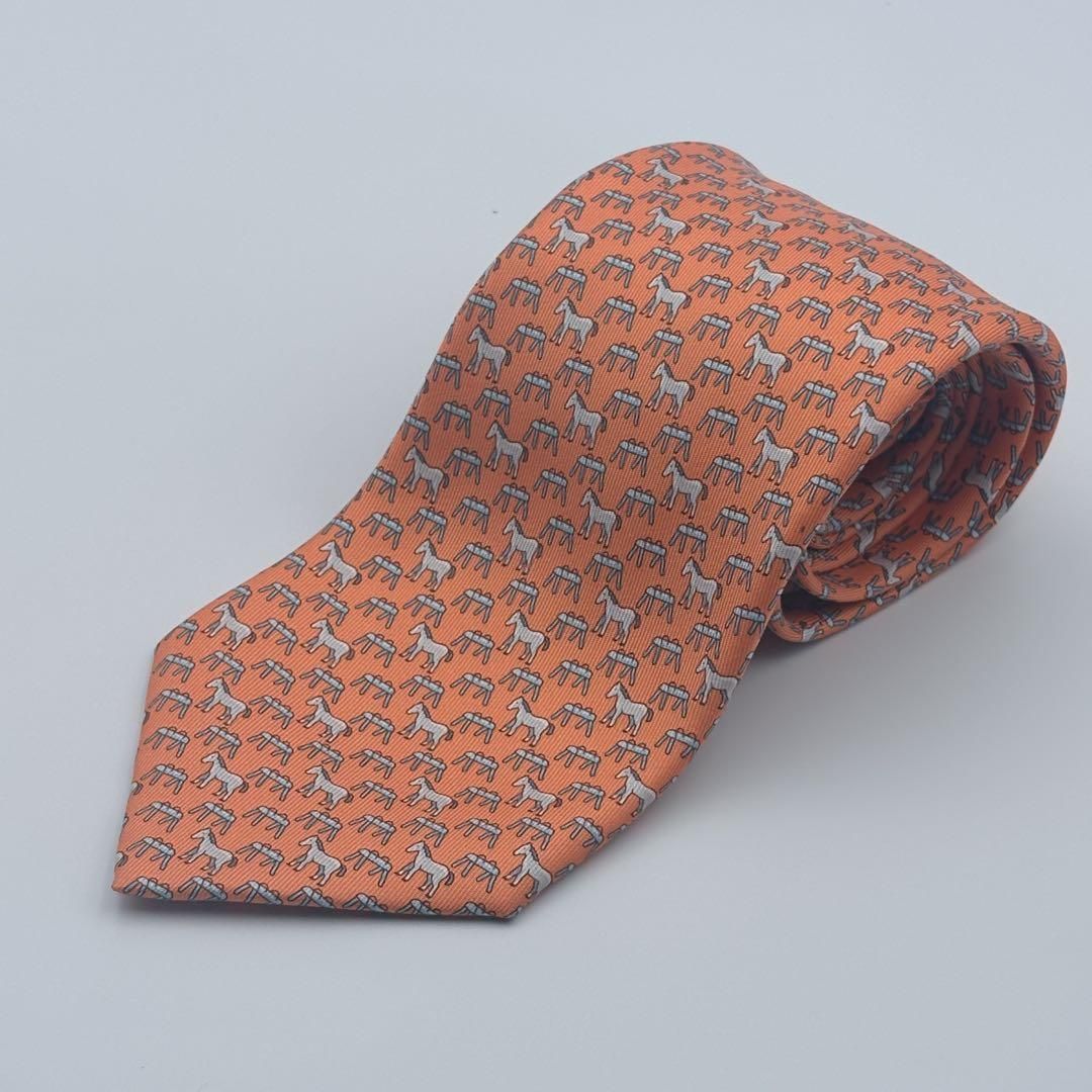 美品 エルメス ネクタイ H柄 オレンジ系 高級感 HERMES エルメス ネクタイ 