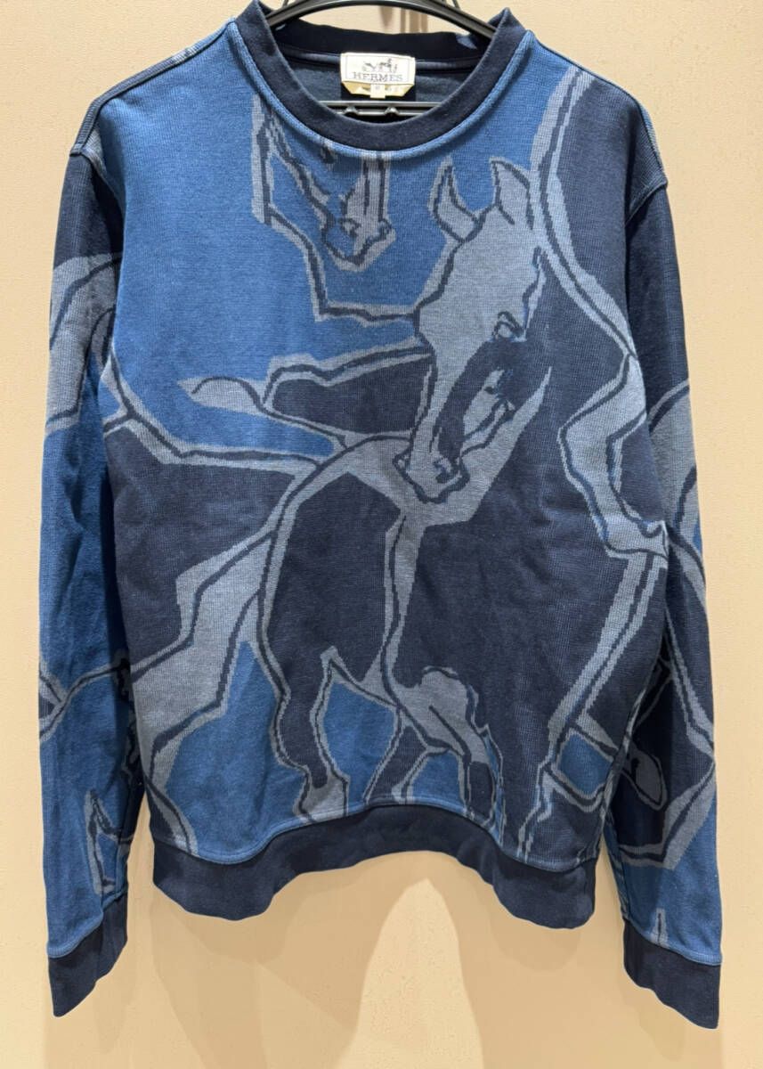 【美品Rare】Herms エルメス 長袖スウェット ホースモチーフ 馬 紺 ホースダンス アートデザイン 《La Dance des Chevaux》
