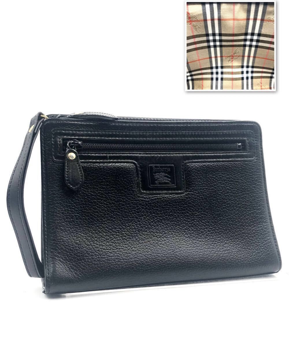 ■極上美品■Burberrys バーバリー　セカンドバッグ　ビジネスクラッチ　レザー　ブラック×内側ノバチェック　ロゴ型押し　ストラップ