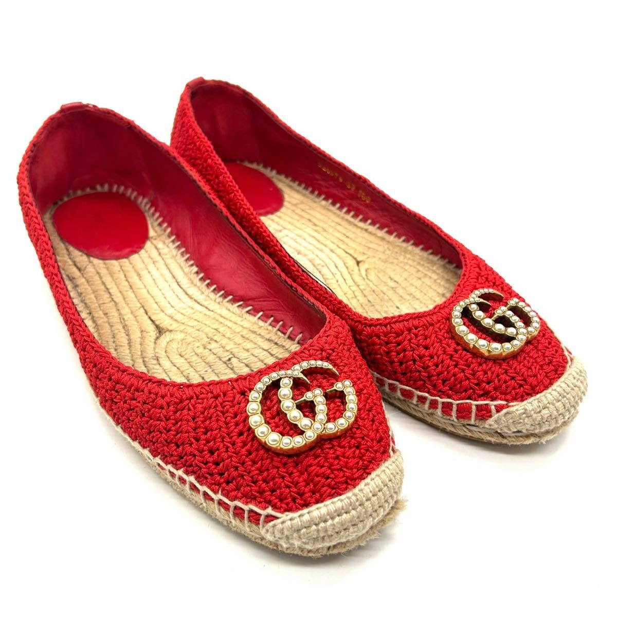 GUCCI　グッチ　GGマーモント　エスパドリーユ　フラットシューズ　ファブリック　パンプス　39　524974　レディース　レッド　靴