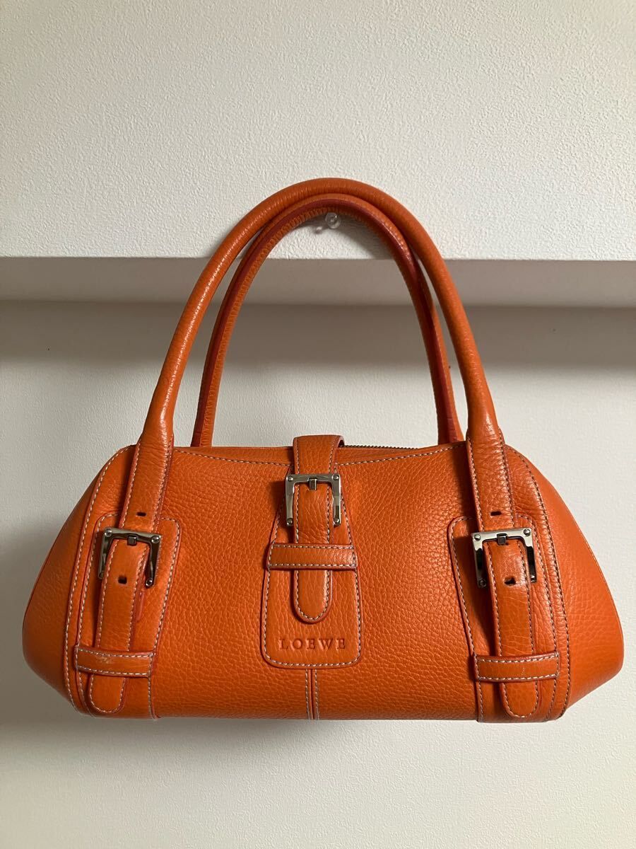 美品 本物 LOEWE センダ シリアル レザー ハンドバッグ ミニボストン ロエベ ショルダーバッグ ヴィンテージ バッグオレンジ 