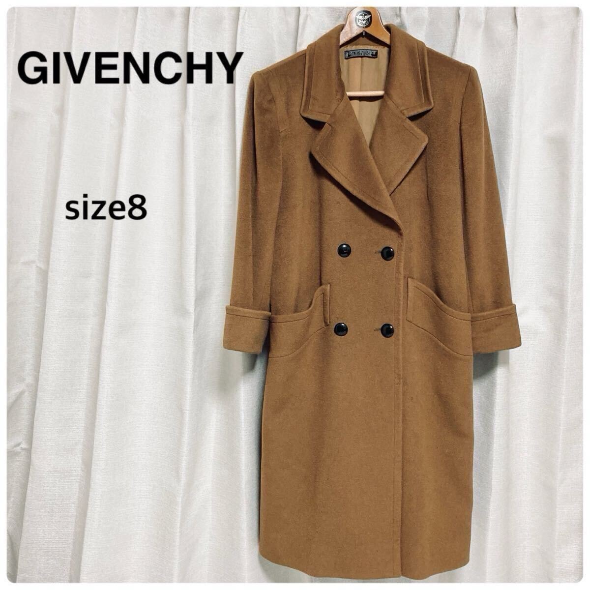 ■カシミヤ100%■GIVENCHY ジバンシィ ダブルブレスト チェスターコート ロング丈 レディース　size8(L〜XL相当) 日本製 キャメル 秋冬