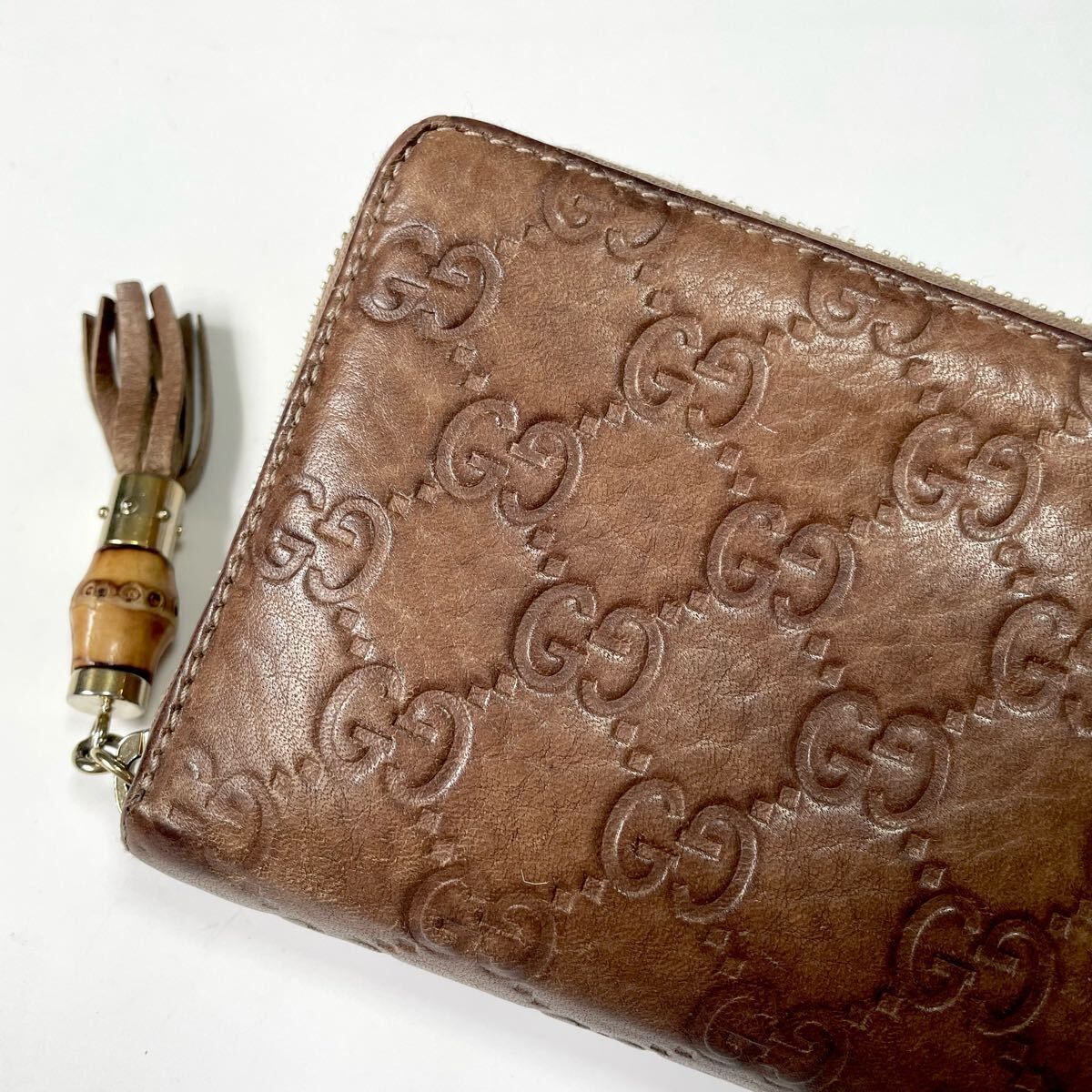★GUCCI グッチ シマ バンブー ラウンドファスナー ジップ 長財布 レディース 中古【鑑定済み 本物保証】