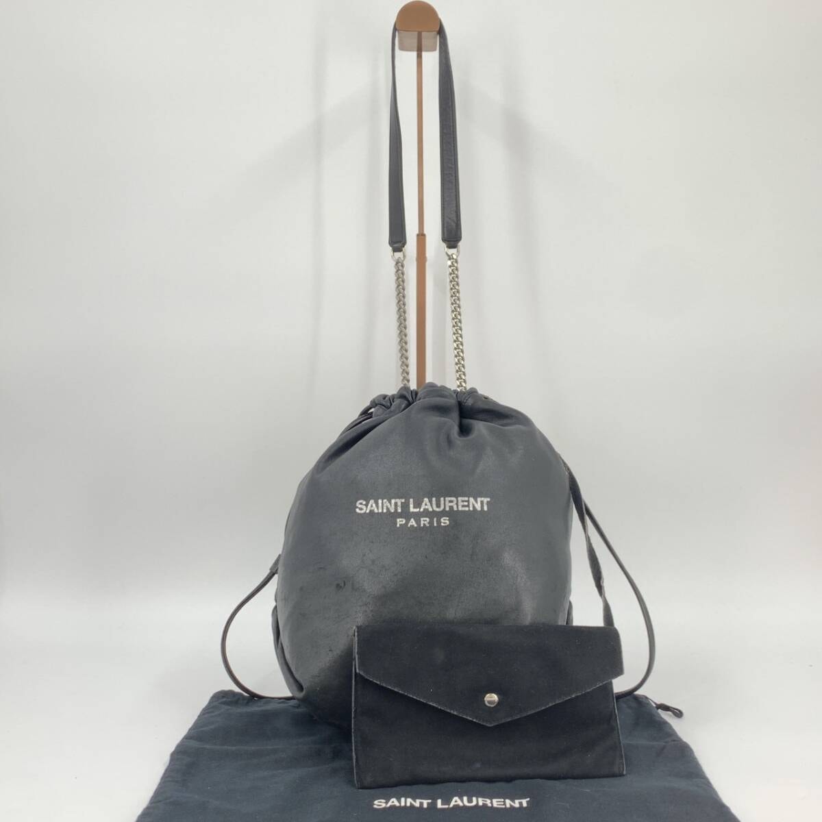SAINT LAURENT PARIS サンローラン パリ YSL TEDDY テディ バケット チェーンショルダーバッグ 巾着 ラムレザー ブラック 黒 A4収納可能