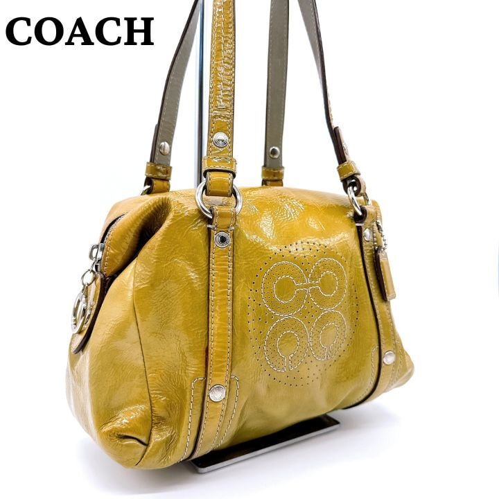 COACH コーチ ハンドバッグ 45570 カーキ系 エナメル シルバー金具