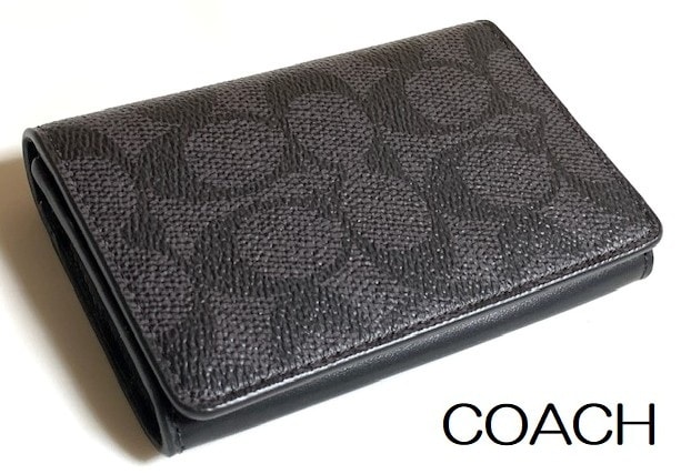 特価！ 人気 COACH コーチ メンズ シグネチャー PVC/レザー ビジネス カードケース 名刺入れ チャコール/ブラック CBN64 新品本物