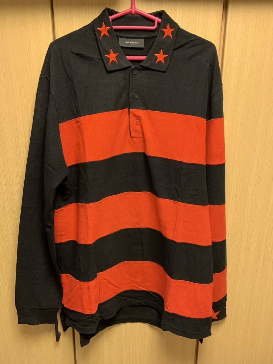 正規 12AW GIVENCHY ジバンシー Riccardo Tisci 星 スター 刺繍 L/S 長袖 鹿の子 ポロシャツ ボーダー 赤黒 S 12W 7070 655