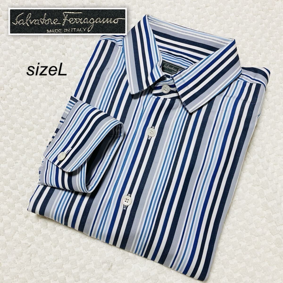 ■美品■Salvatore Ferragamo サルヴァトーレフェラガモ　ドレスシャツ　長袖　sizeL イタリア製　ストライプ　ブルー　メンズ　高級