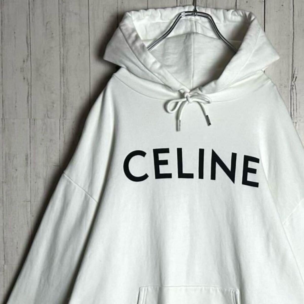 大人気 XL CELINE セリーヌ センタービッグロゴ プルパーカー フーディ ルーズ 白 ホワイト 黒 ブラック トップス メンズ カジュアル