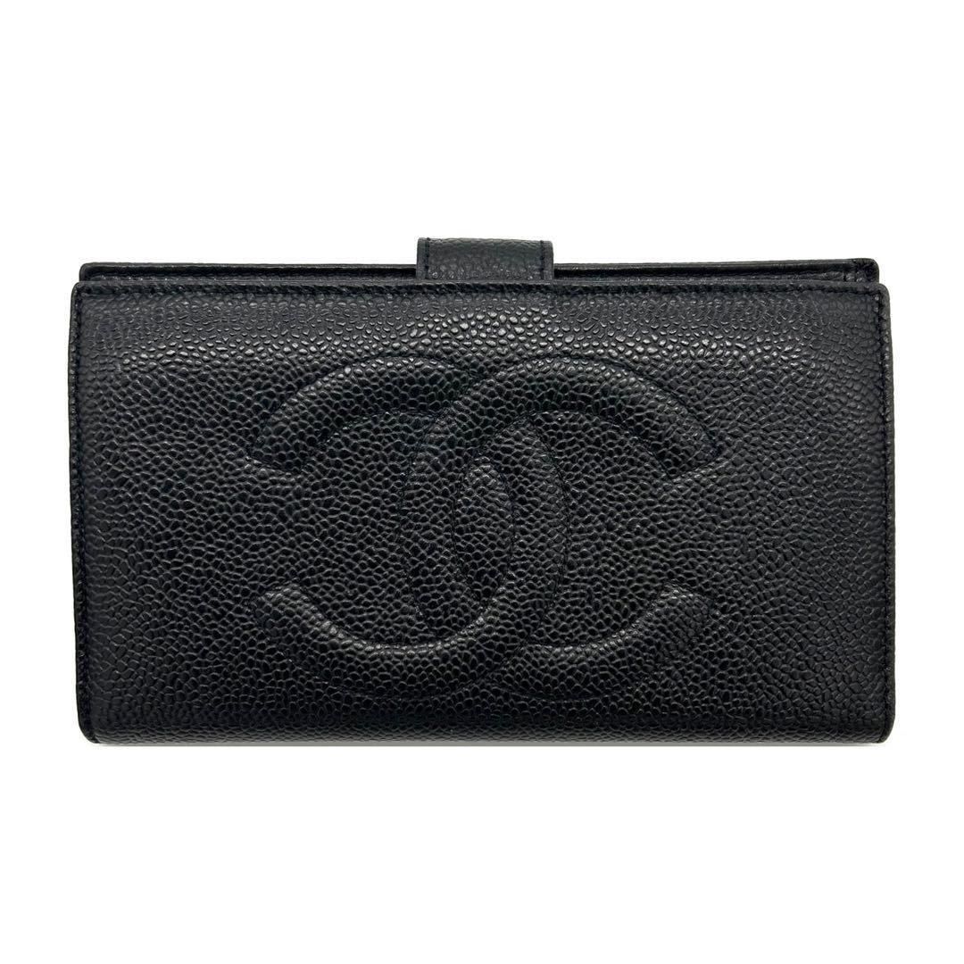 シャネル CHANEL キャビアスキン 二つ折り財布 ウォレット 黒 ブラック 小銭入れあり がま口 ボタン 人気 大人 財布 ゴールド ヴィンテージ