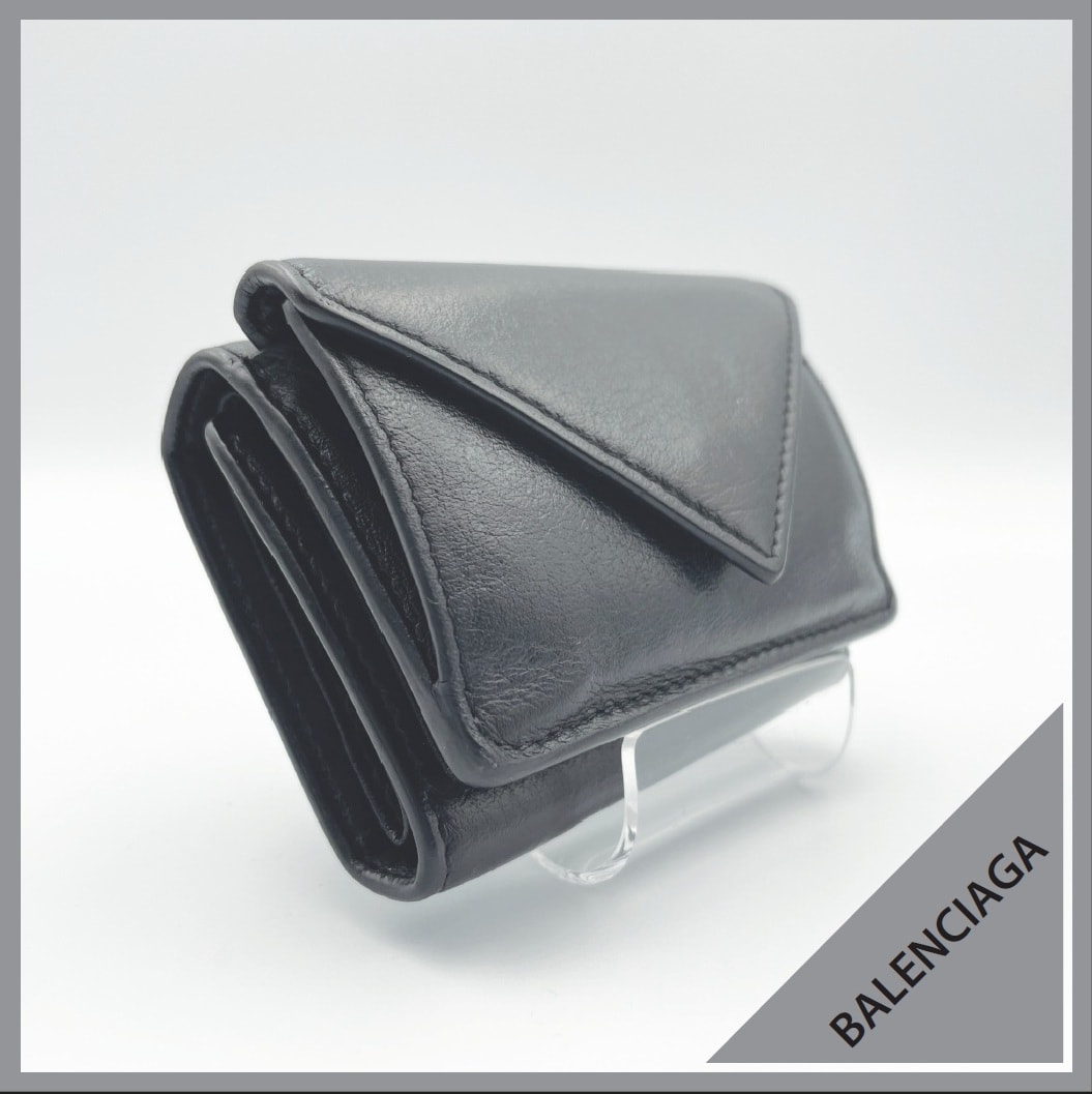 BALENCIAGA バレンシアガ 三つ折り財布 ミニウォレット ペーパー レザー 黒 ブラック コンパクト 極美品 レディース