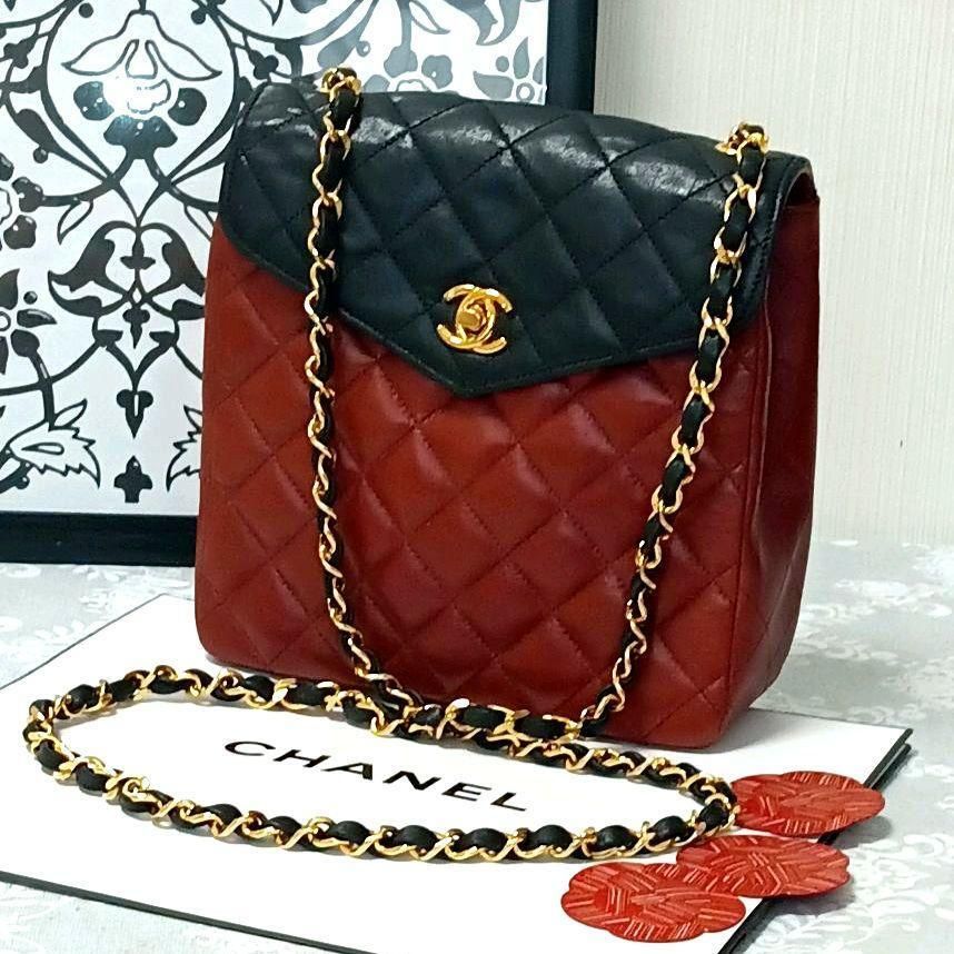 【バイカラー】CHANEL　シャネル　マトラッセ　チェーンショルダーバッグ　ラムスキン　シングルフラップ　レッド　赤　ブラック　黒　