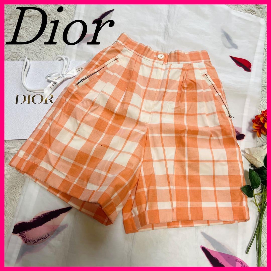 【良品】Christian Dior SPORTS ハーフパンツ チェック M　クリスチャンディオール　オレンジ