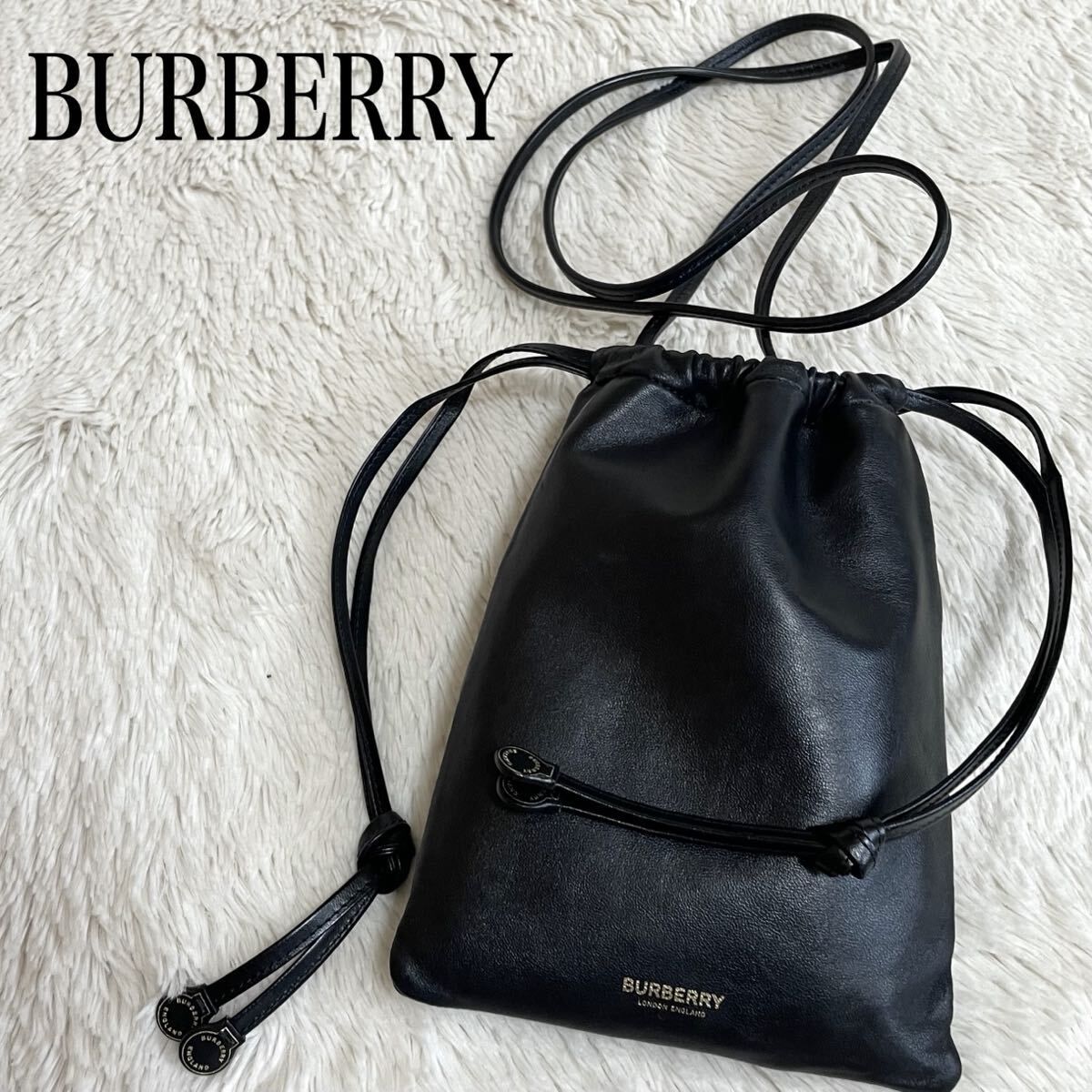 極美品 BURBERRY 巾着 オールレザー ショルダーバッグ ポシェット ロゴ