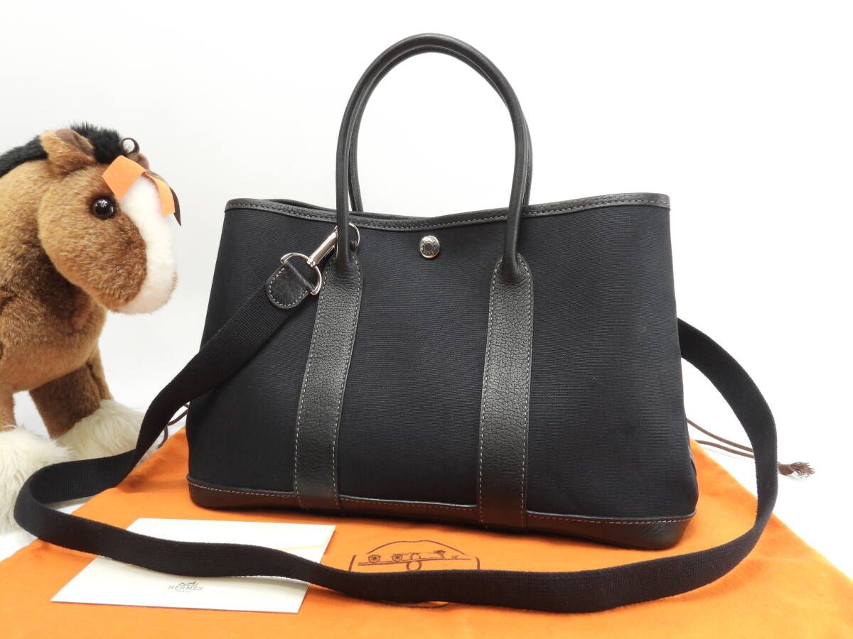 エルメス ガーデンパーティTPM トワルオフィシェ 黒 s付ハンドバッグ 美品@□H 12