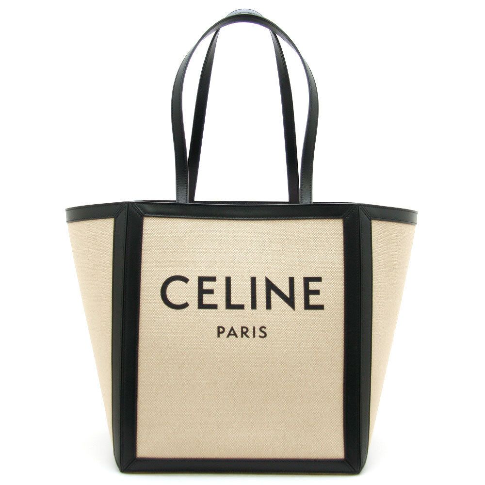 中古美品 セリーヌ トートバッグ CABAS ラージ スクエア カバ 197532DPD.01VK ベージュ ブラック Vanilla Black CELINE イタリア製 A4対応