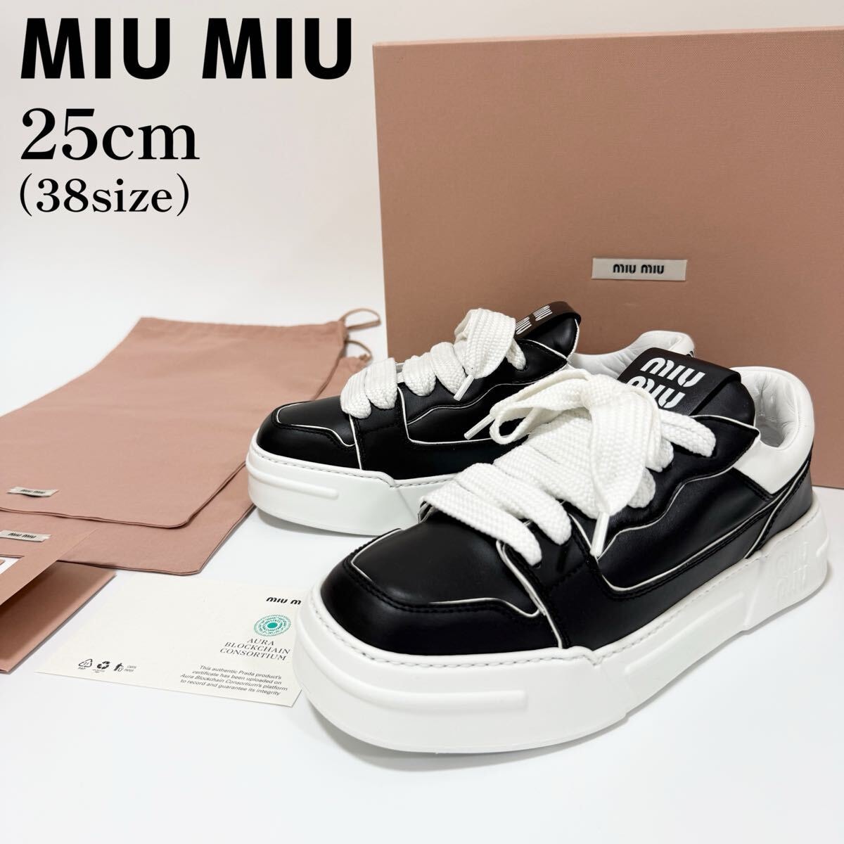【正規品・美品】MIU MIU ミュウミュウ 厚底スニーカー 38 黒×白 ロゴ 靴箱タグ付 レディース人気モデル