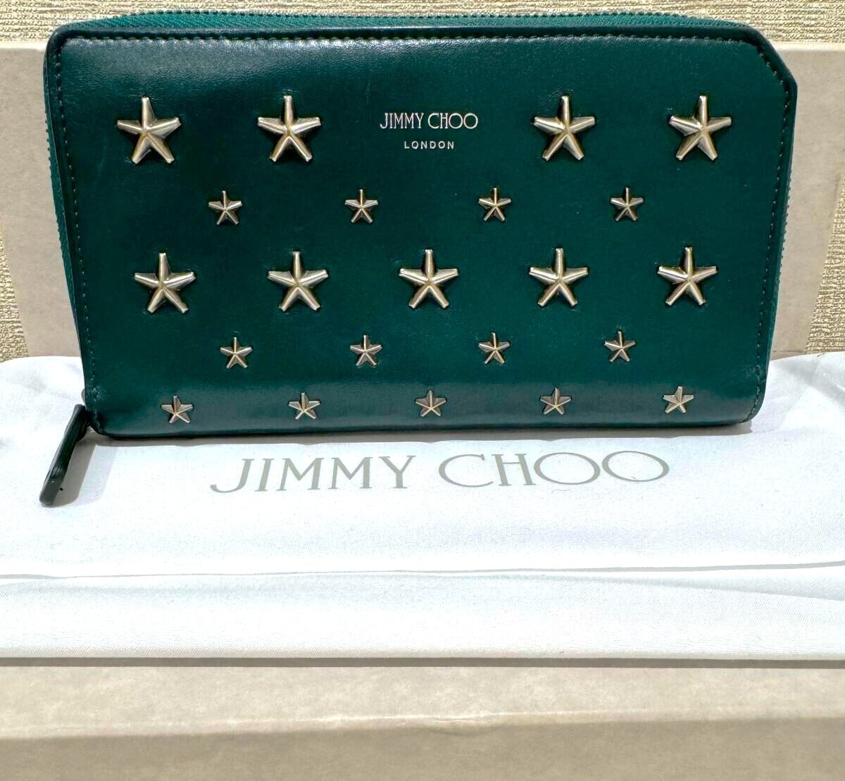 JIMMY CHOO スター スタッズ 長財布 NINO ニノシリーズ ダークグリーン 正規証明カード付き 星型 ラウンドファスナー ユニセックス