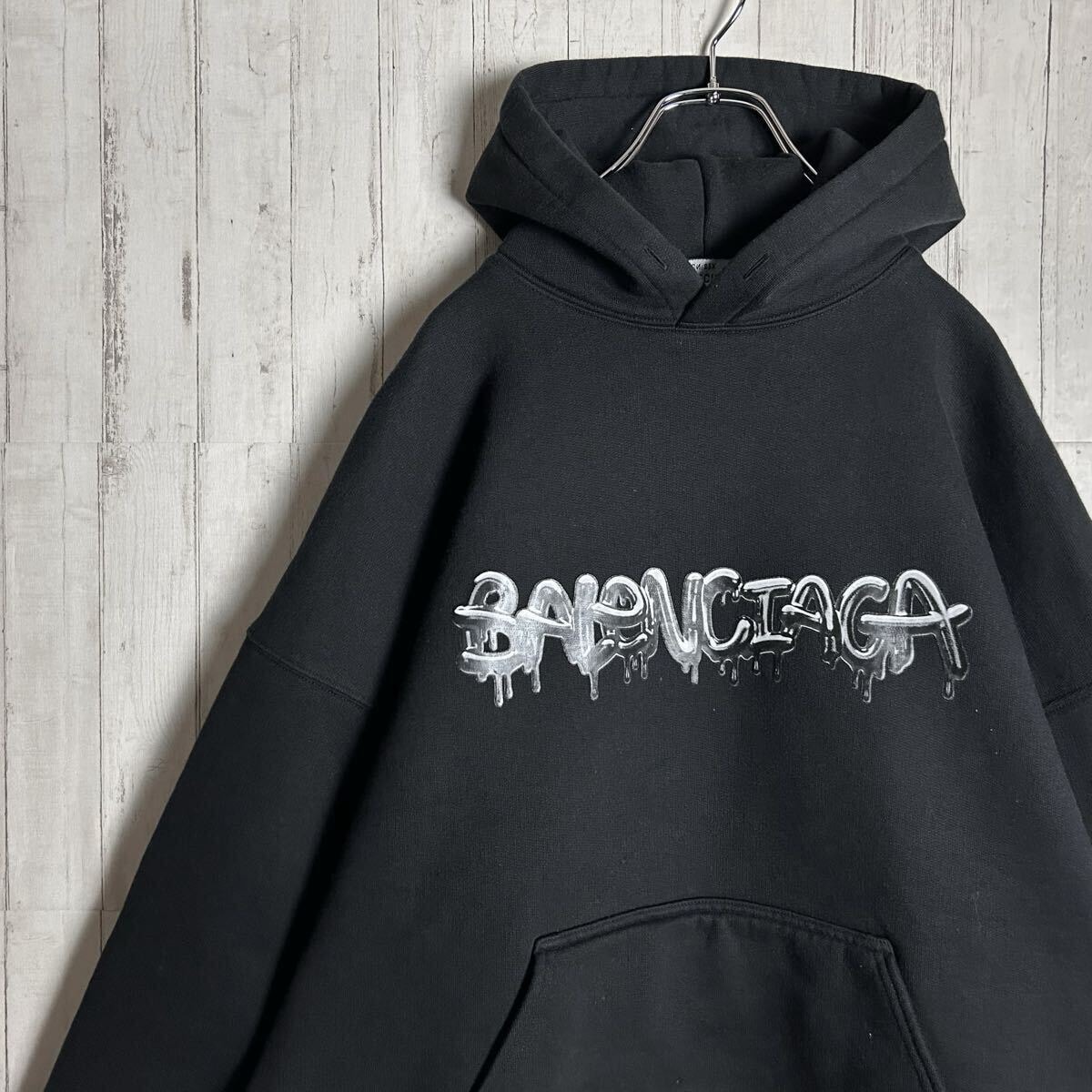 人気デザイン Lサイズ BALENCIAGA バレンシアガ スライムロゴ プルパーカー フーディ 長袖 ブラック 黒 メンズ トップス カジュアル