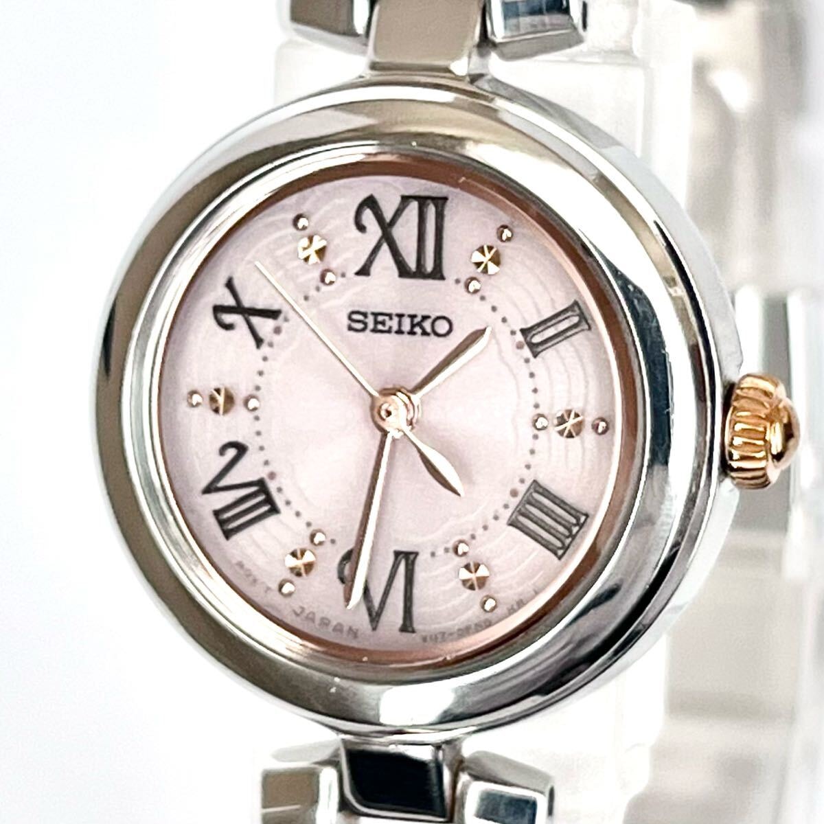 【稼働】磨き済み セイコー SEIKO レディース 腕時計 ソーラー 美品 ピンク文字盤 ゴールド s2090