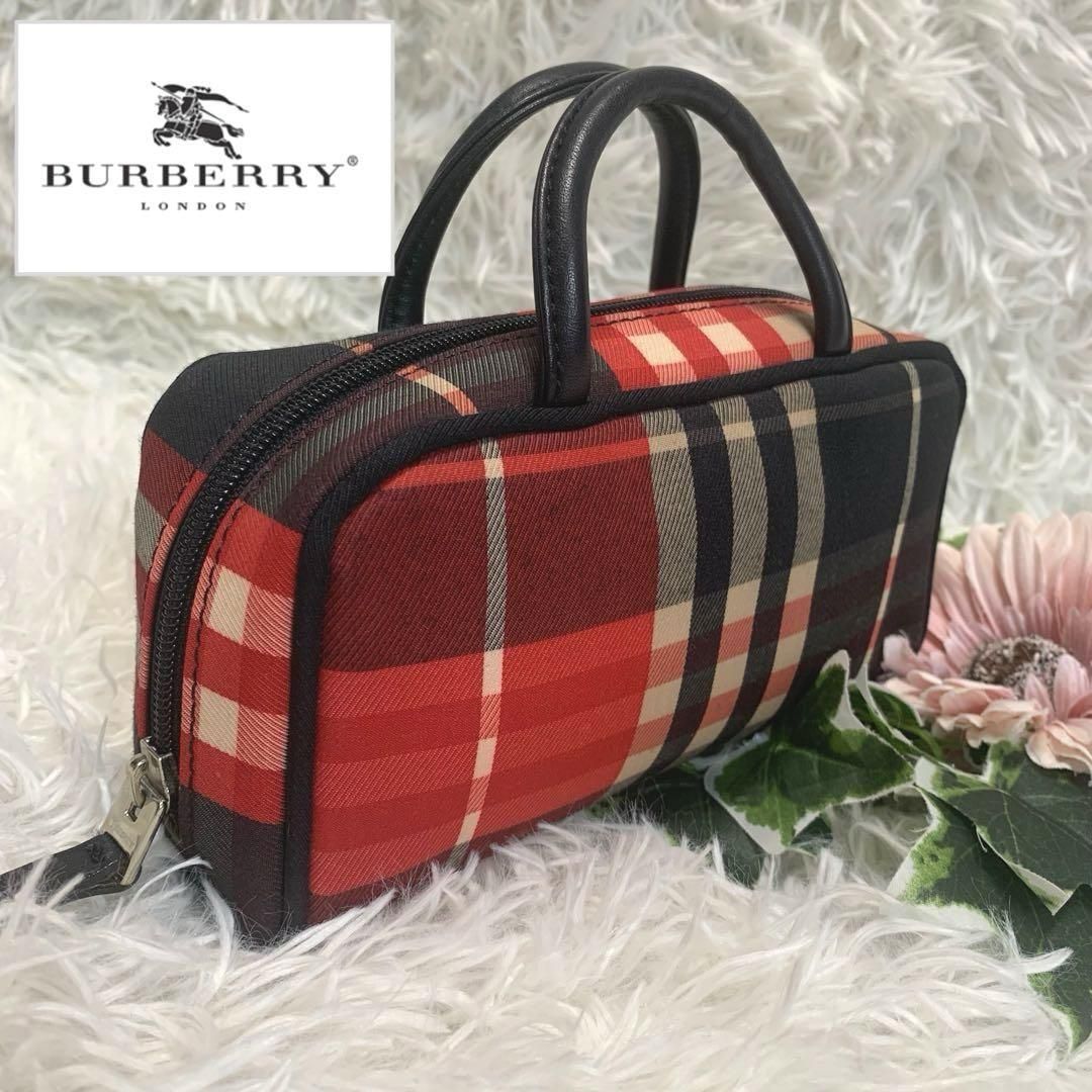 美品◆BURBERRY LONDON【レザーハンドル付き/ノバチェック◆ミニ ハンドバッグ/ポーチ】アクセサリー コスメ 自立 化粧 バーバリーロンドン