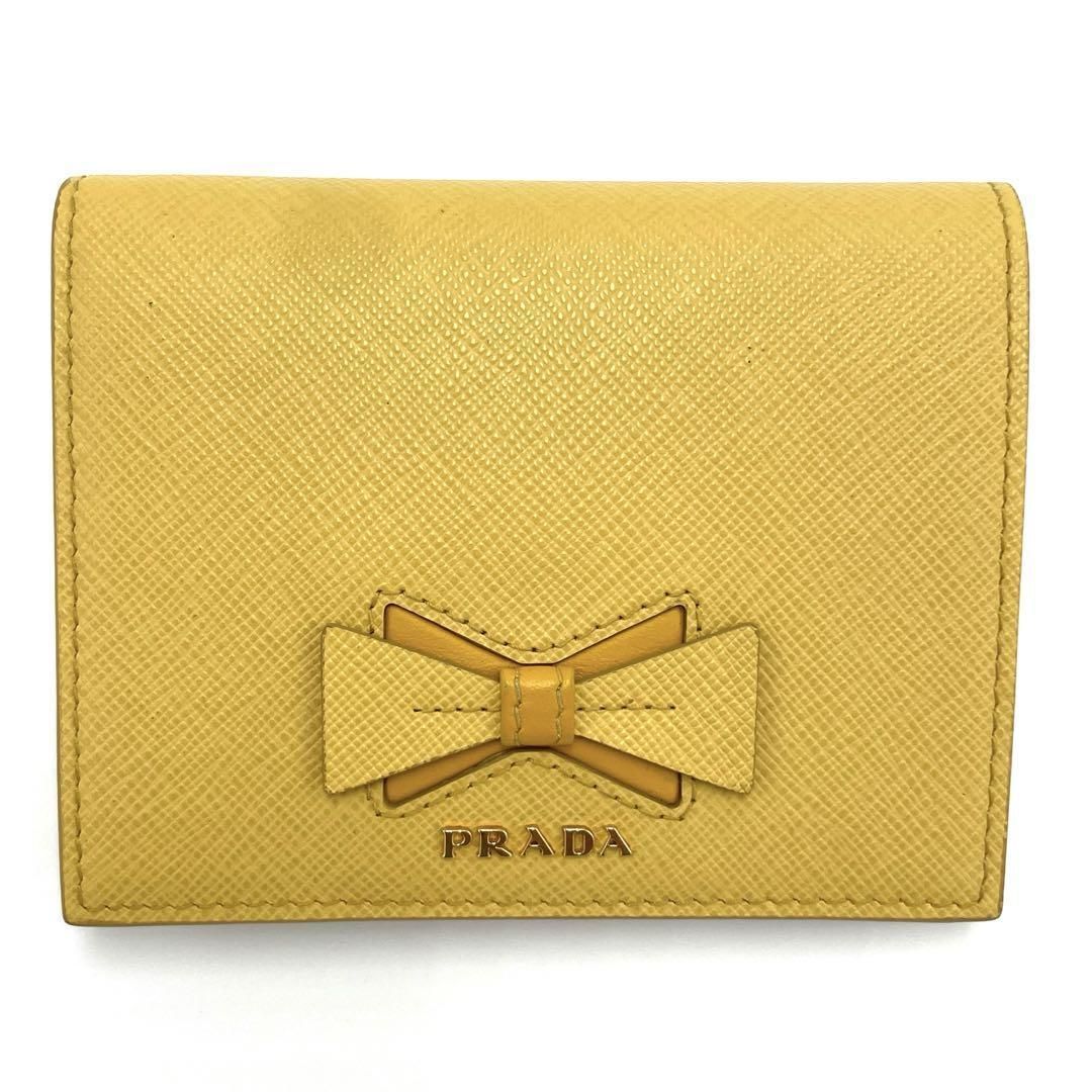 NO.174 【美品】PRADA プラダ 二つ折り財布 コンパクトウォレット サフィアーノ フィオッコ 1MV204 ジネストゥラ ソル イエロー レディース