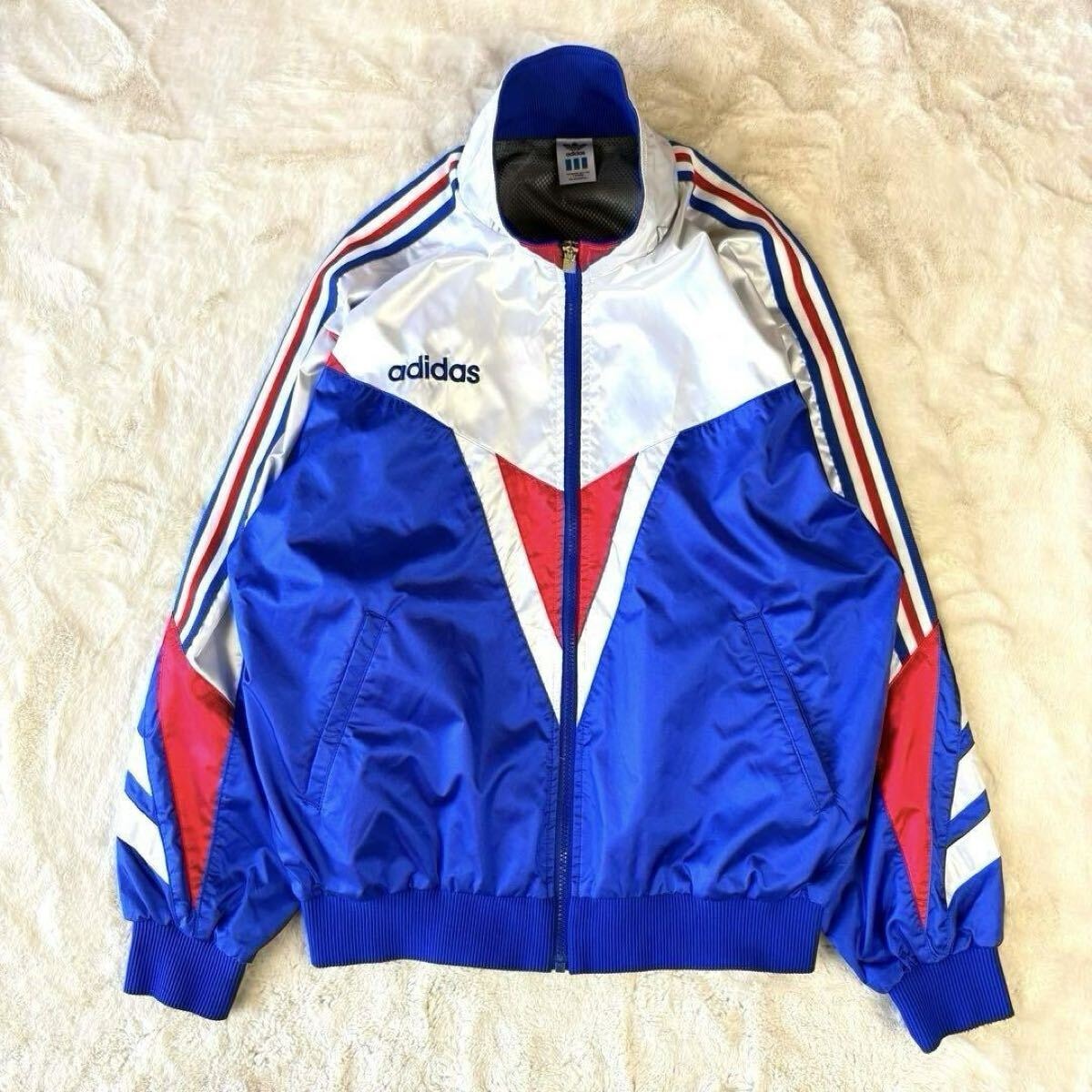 90s 90年代 アディダス adidas デサント製 トラックジャケット ブルゾン ジャンパー ジャージ ビンテージ 古着 旧タグ ロゴ 刺繍 好配色 L