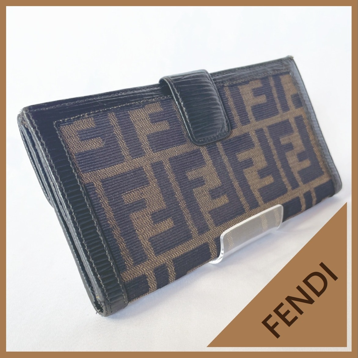 FENDI フェンディ 長財布 フラップ ズッカ柄 FFロゴ キャンバス レザー 黒/茶 ヴィンテージ 極美品 レディース/ユニセックス
