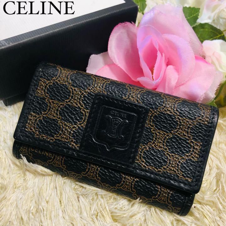 【美品】CELINE セリーヌ マカダム柄 6連 キーケース ブラック 黒 ブラウン 茶 コンパクト イタリア製 レザー ロゴ 総柄