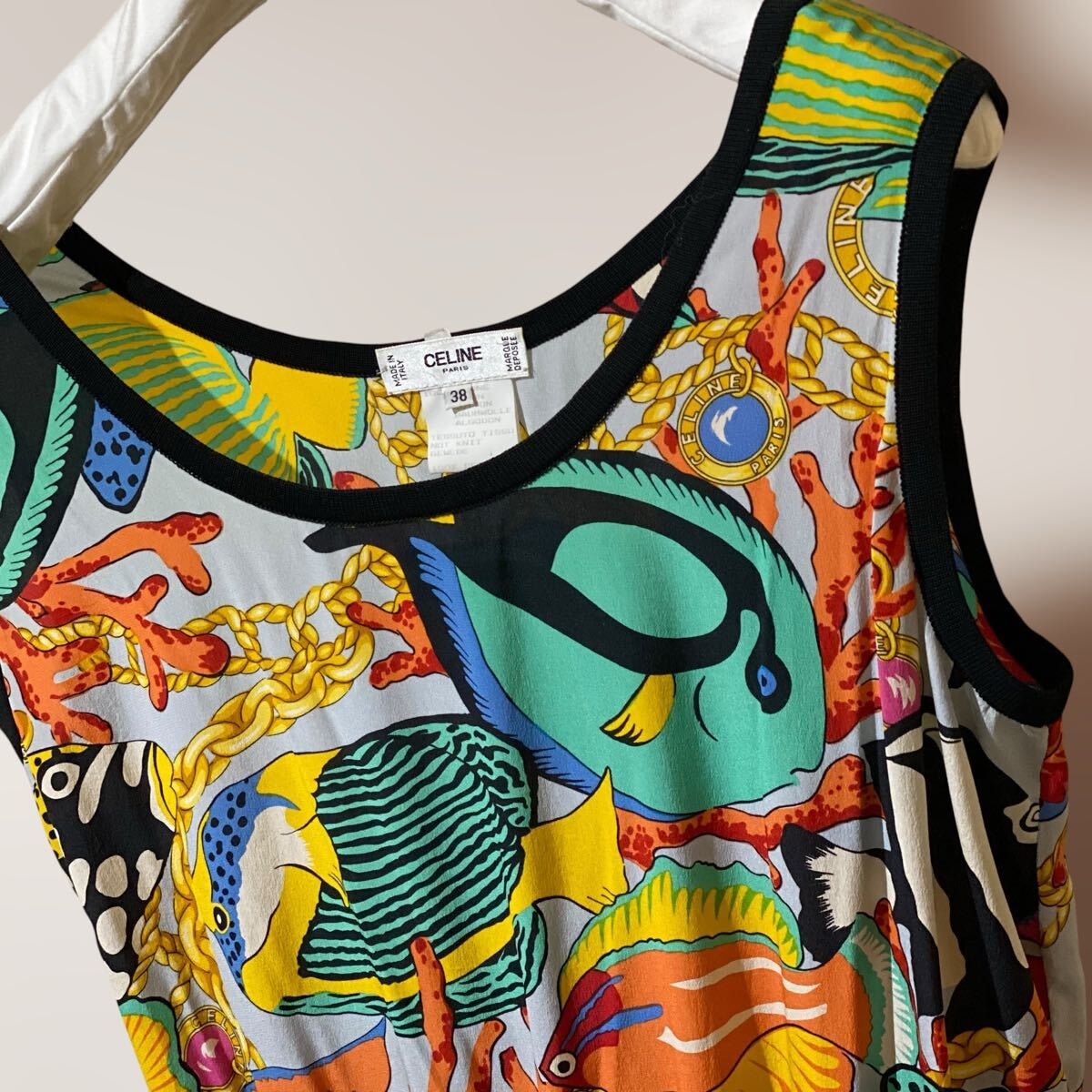 希少 CELINE ノースリーブシルクシャツ マリンモチーフ ニット マルチカラー ヴィンテージ セリーヌ