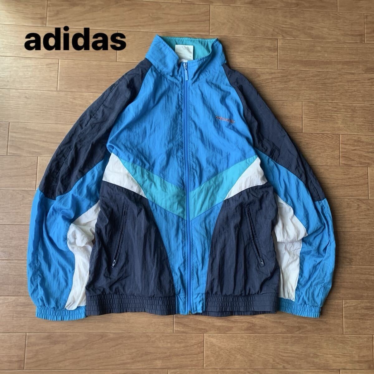 90s Old adidas アディダス ナイロンジャケットウインドブレーカー ジップアップ オーバーサイズ 好配色 ラグラン袖