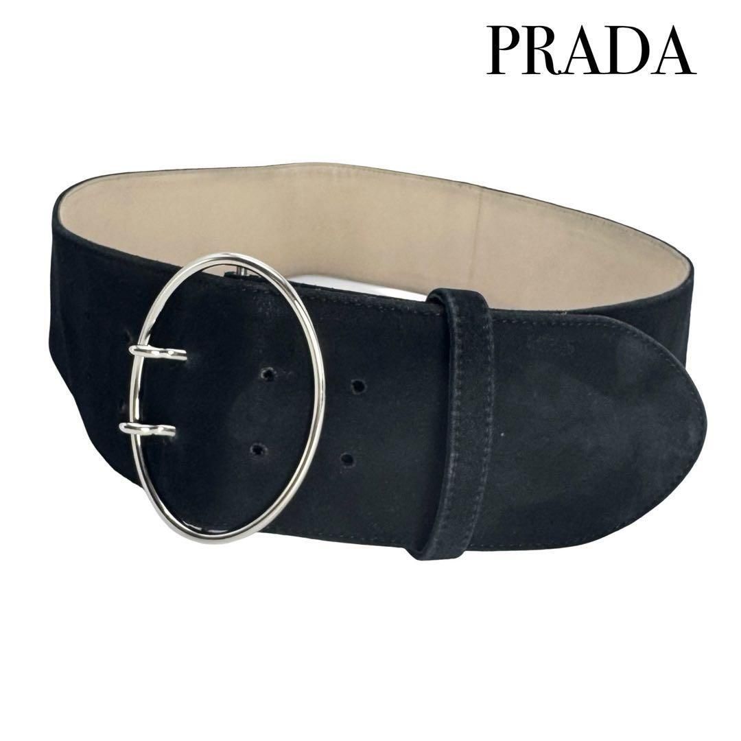 PRADA プラダ 1C5904 スエード レザー ベルト ブラック シルバー レディース 80/32