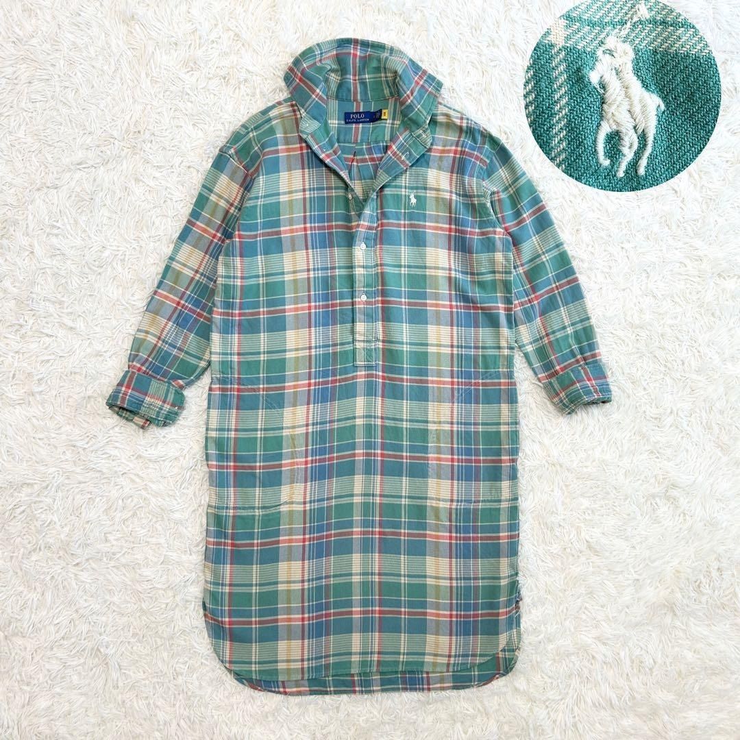 美品 POLO RALPH LAUREN ポロラルフローレン 現行QR マドラスチェックシャツワンピース ポニー刺繍