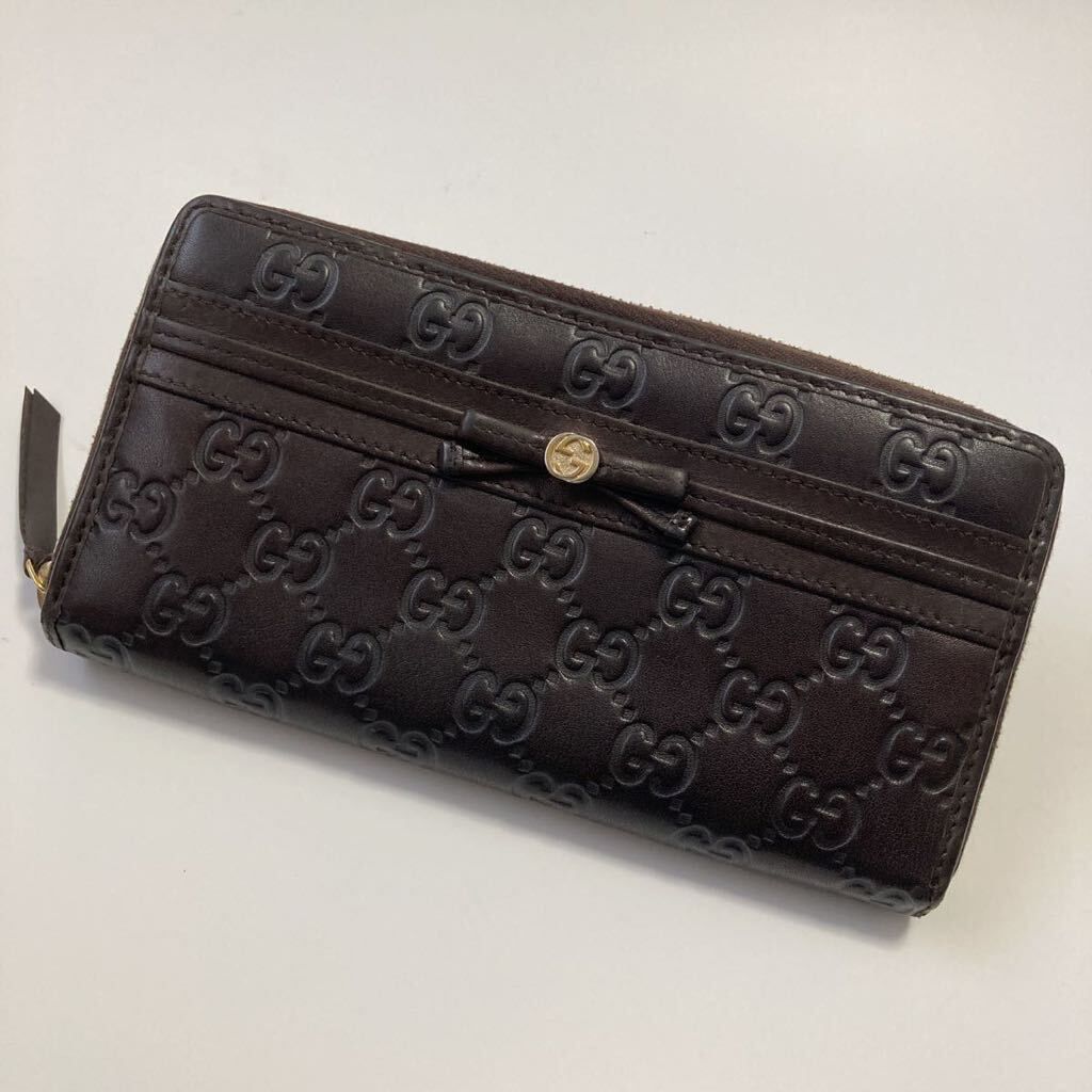 ★GUCCI グッチ シマ ジップ ラウンドファスナー 長財布 レディース 茶 中古【鑑定済み 本物保証】
