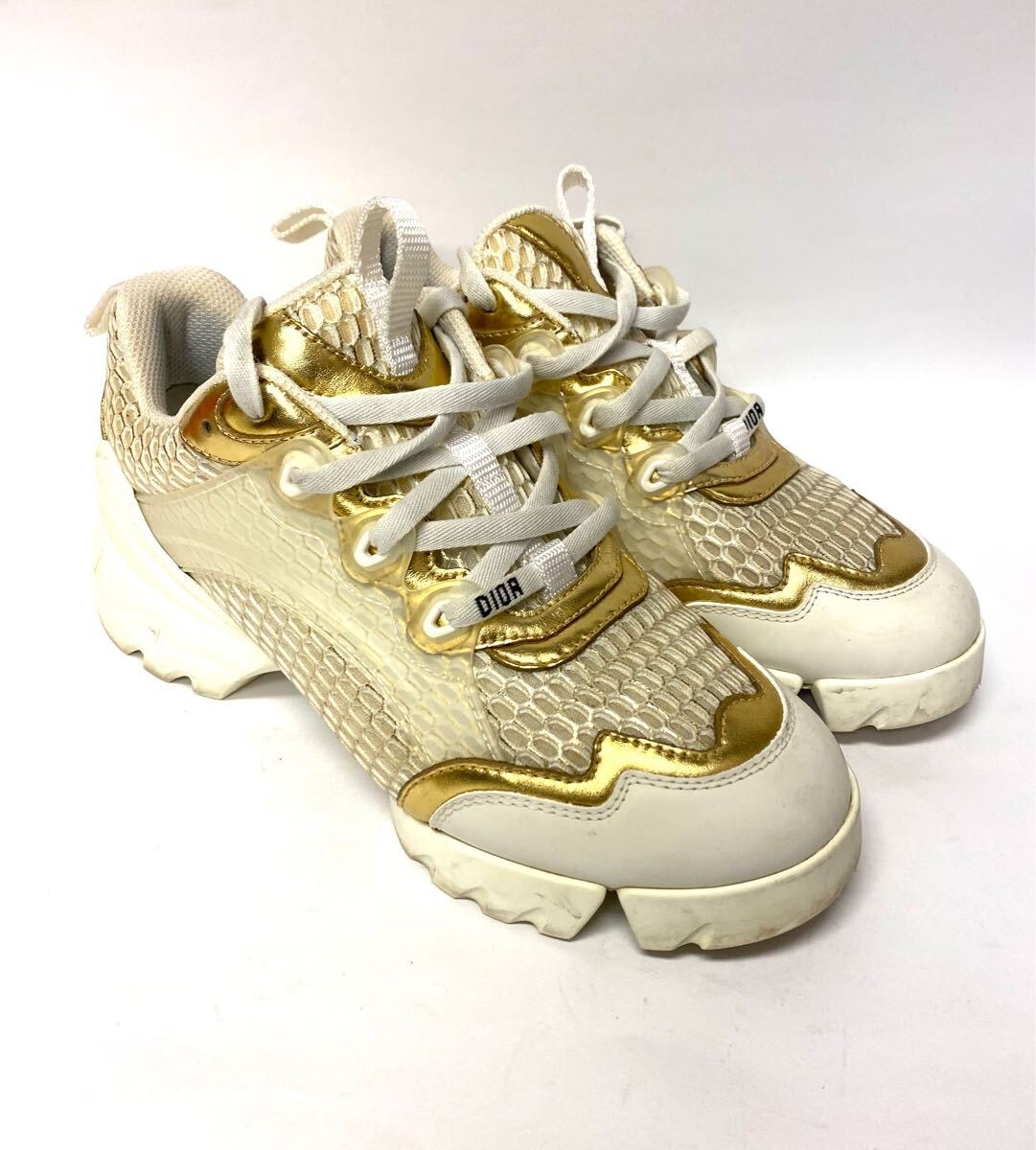 良品 Dior ディオール ホワイト ゴールド メッシュ スニーカー レディース 36.5 イタリア製